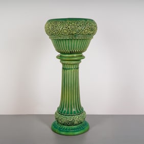 Weller Pottery Green Glaze Jardiniere and Pedestal