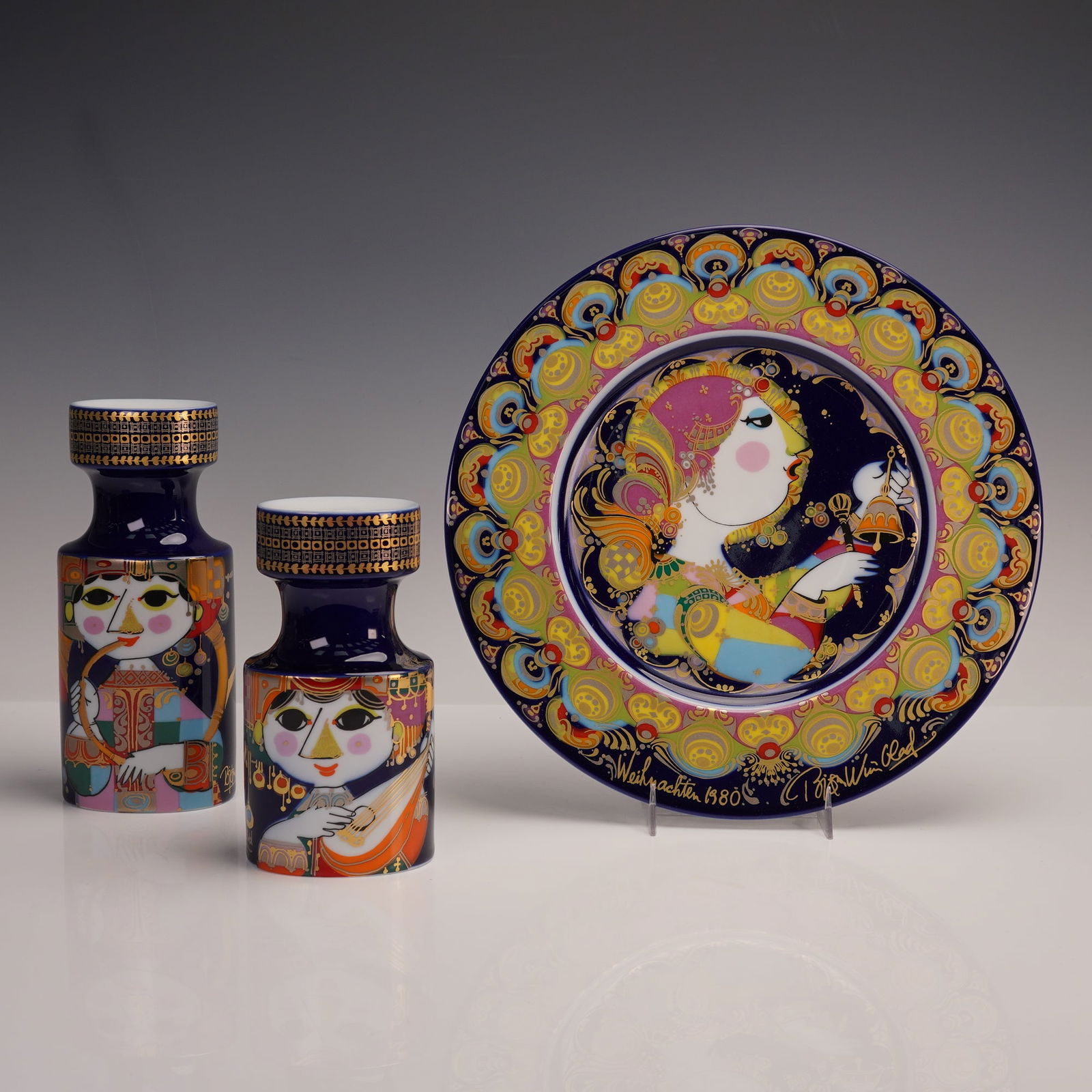 3pc Rosenthal Studio Line Bjorn Wiinblad Plate and Candlesticks (1 of 8)