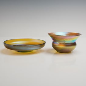 2pc Louis Comfort Tiffany Favrile Glass Iridescent Bowl and Saucer