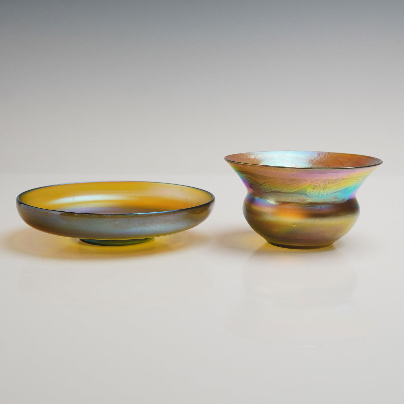 2pc Louis Comfort Tiffany Favrile Glass Iridescent Bowl and Saucer (1 of 10)