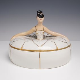 2pc Robj Paris Porcelain Figural Covered Box, Ballerina with Mask