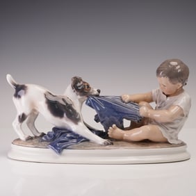 Dahl Jensen Porcelain Figurine, Boy & Fox Terrier Dog, 1072