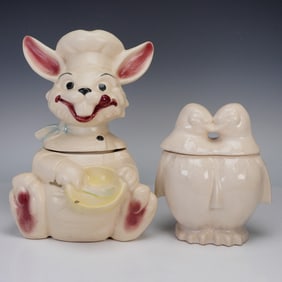 2pc McCoy and Brush Art Pottery Penguin and Rabbit Cookie Jars