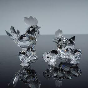3pc Swarovski Crystal Figurines- Rooster, Hen & Mini chicks