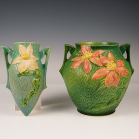 2pc Roseville Pottery Vases, Clematis Pattern