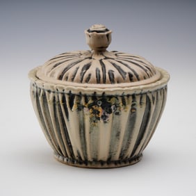 Weller Pottery Lidded Ribbed Jar with Floral Decoration