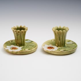 Pair of Weller Art Pottery Ardley Ware Lily Pad Candlestick Holders