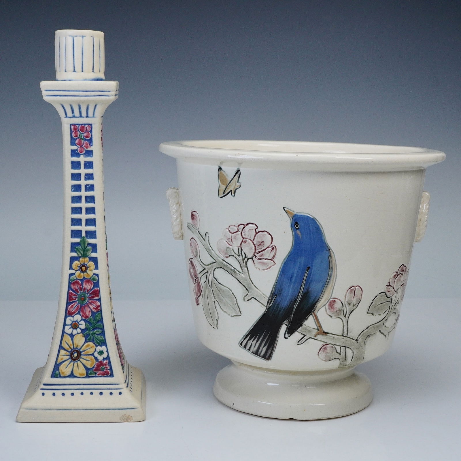 2pc Vintage Pottery Collection, Weller Candlestick and Floral Planter (1 of 6)