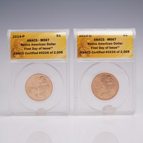 2pc 2014-P & 2014-D Native American Dollar Coins ANACS Graded MS 67