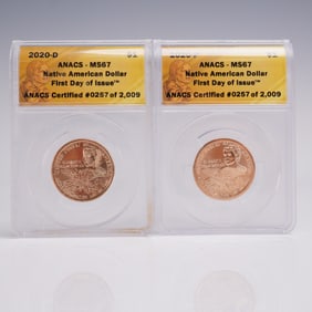 2pc 2020-P & 2020-D Native American Dollar Coins ANACS Graded MS 67