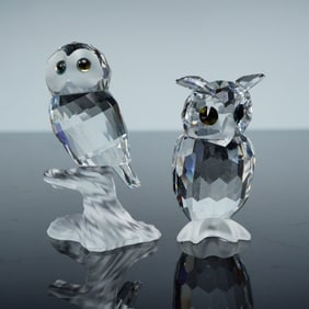 2pc Swarovski Crystal Figurines, Night Owl & Owl on Branch
