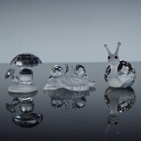 3pc Swarovski Crystal Figurines- Snail, Baby Snails on Vine Leaf & Mushroom
