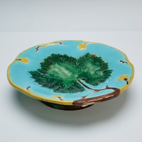 Joseph Holdcroft Majolica Leaf and Vine Pedestal Compote