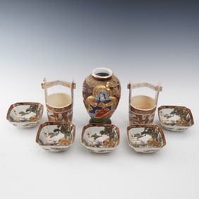 8pc Japanese Satsuma Style Porcelain with Vase and Bowls