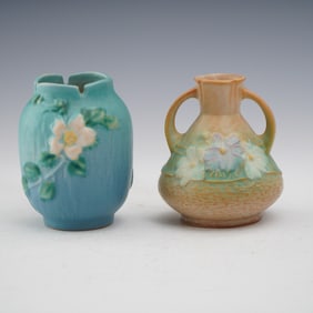 2pc Roseville Pottery Vases, Cosmos and White Rose