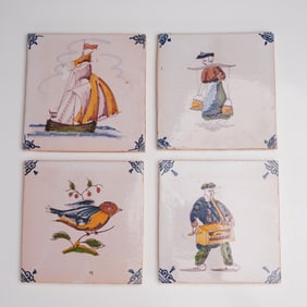 4pc Dutch Style Hand Painted Clay Tiles