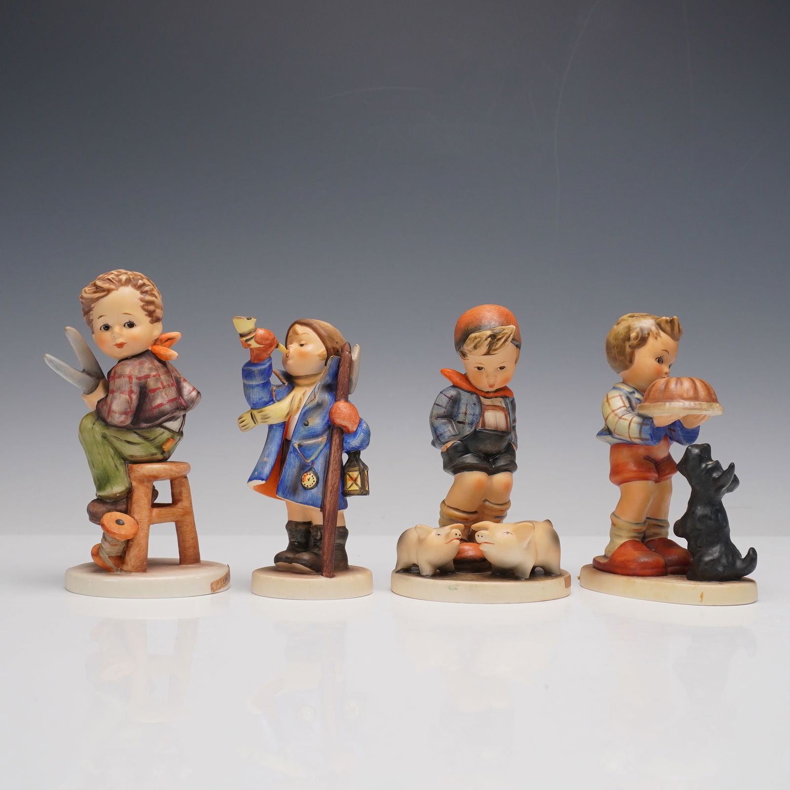 4pc Goebel Hummel Figurines: This charming set captures playful and heartwarming moments in classic Hummel style. Farm Boy shows a young boy tending to two pigs with gentle care. Little Tailor features a child humorously working