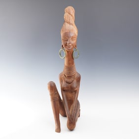 Hand Carved African Woman Wooden Sculpture w/ Green Stone Earrings