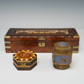 3pc Marquetry Wood Boxes & Brass Enamel Tea Caddy