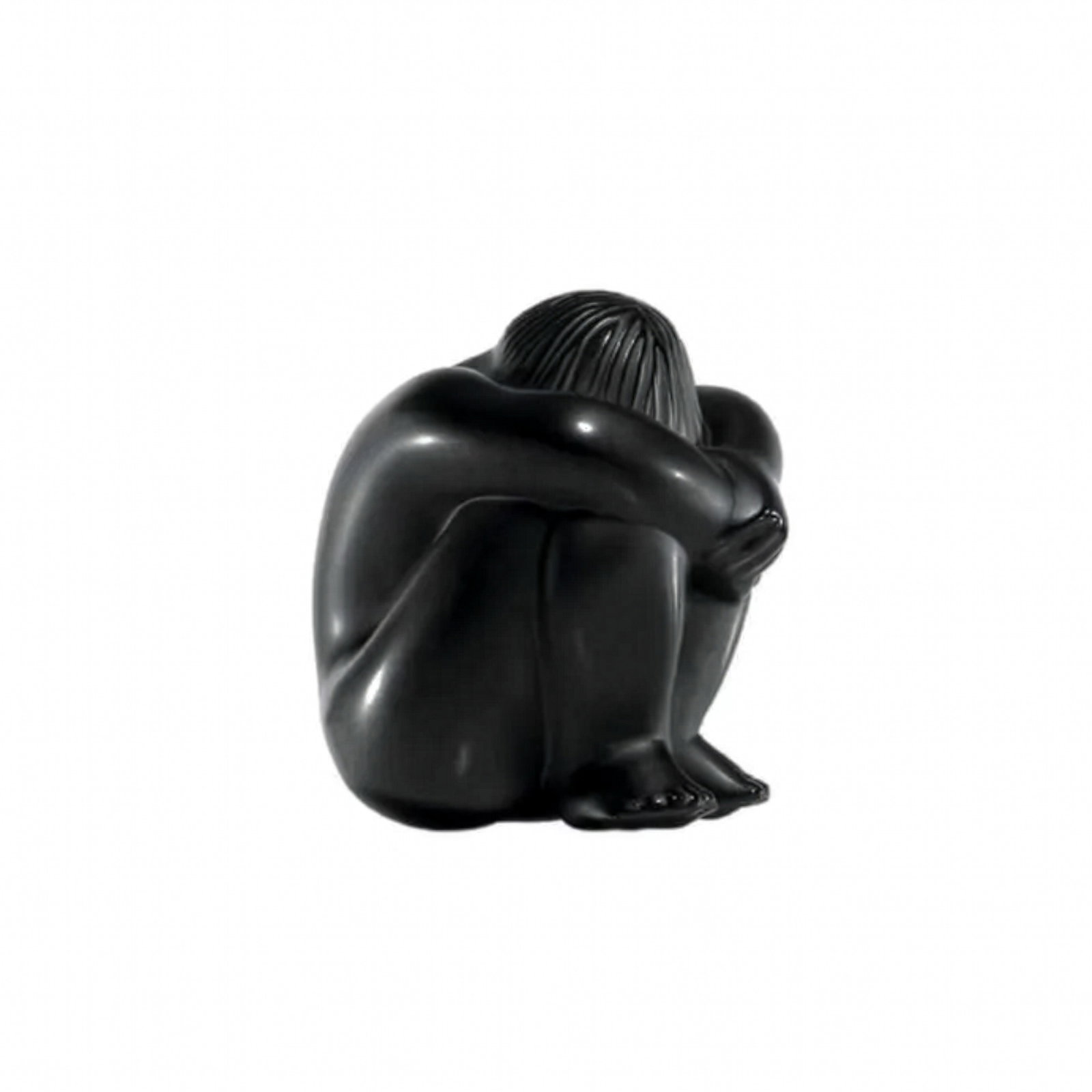 Lalique Nude Black Crystal Figurine, Nahbi Meditating, Sealed Box: Sculpted from elegant black crystal, this artwork portrays a nude figure seated in a pensive stance, arms drawn around the knees and head bowed forward. It is accompanied by its original sealed Laliqu