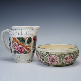 2pc Vintage Pottery Collection Weller Pitcher & Unmarked Floral Bowl