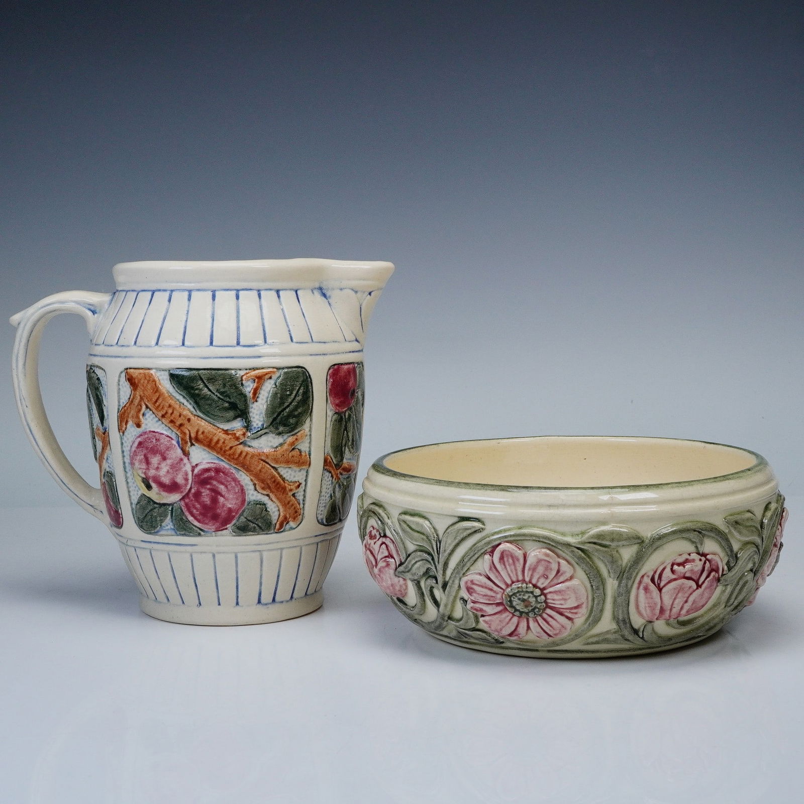 2pc Vintage Pottery Collection Weller Pitcher & Unmarked Floral Bowl (1 of 6)