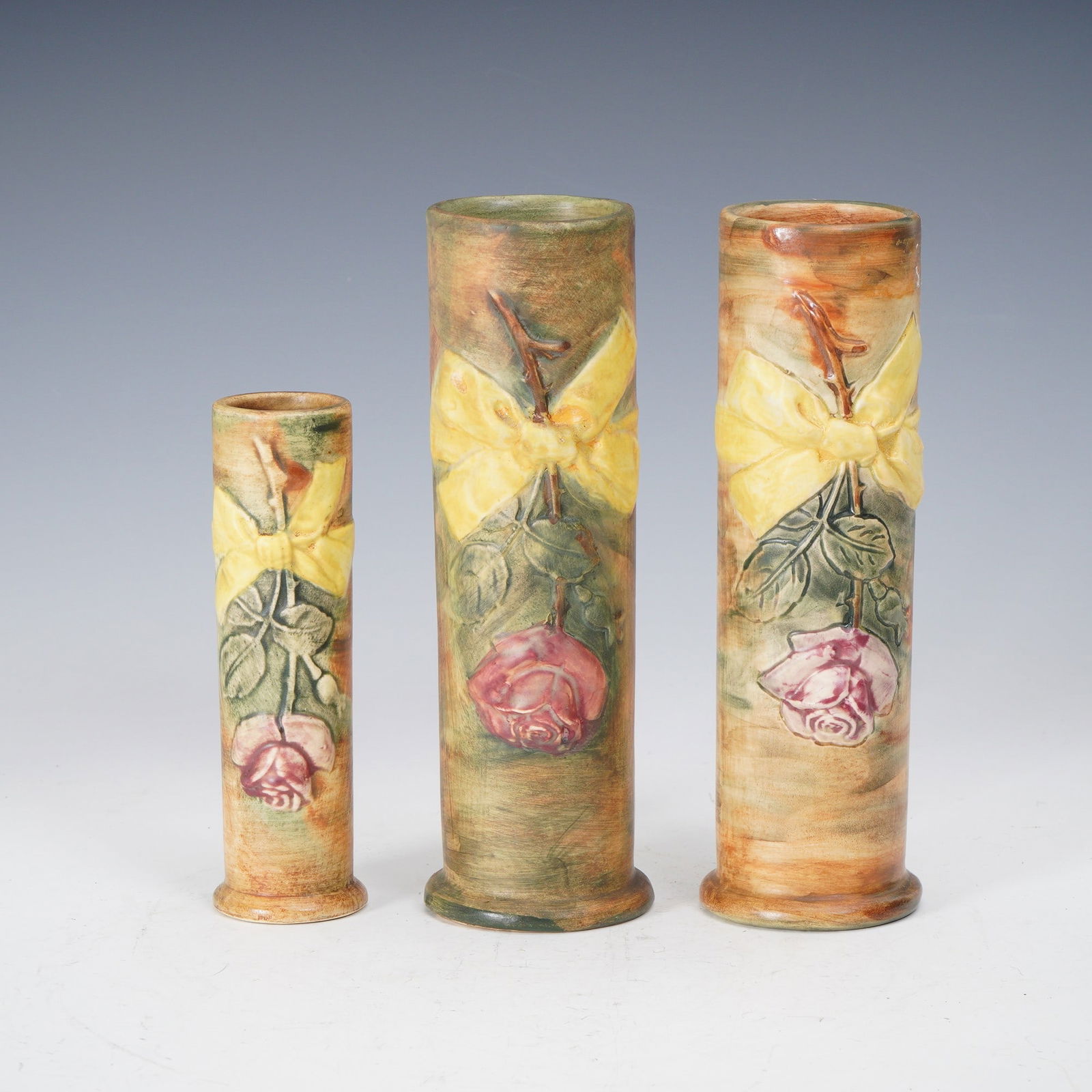 3pc Weller Pottery Woodcraft Flemish Rose Cylinder Vases (1 of 4)