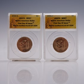 2pc 2009-D & 2009-P Native American Dollar Coins ANACS Graded MS 67