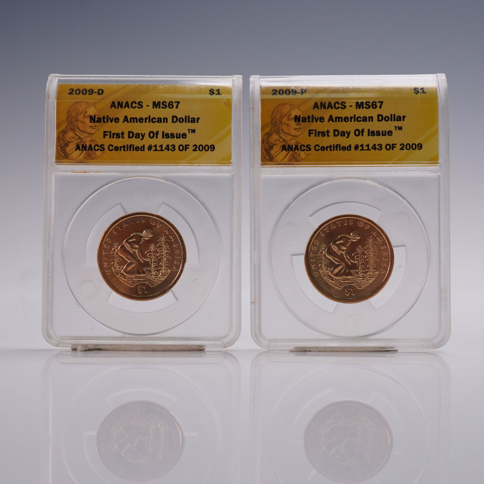 2pc 2009-D & 2009-P Native American Dollar Coins ANACS Graded MS 67 (1 of 6)