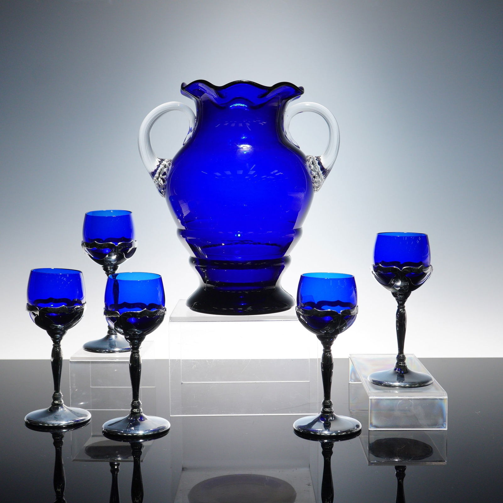 11pc Farber Bros Cobalt Blue Art Glass Vase, Goblets, and Stands (1 of 8)