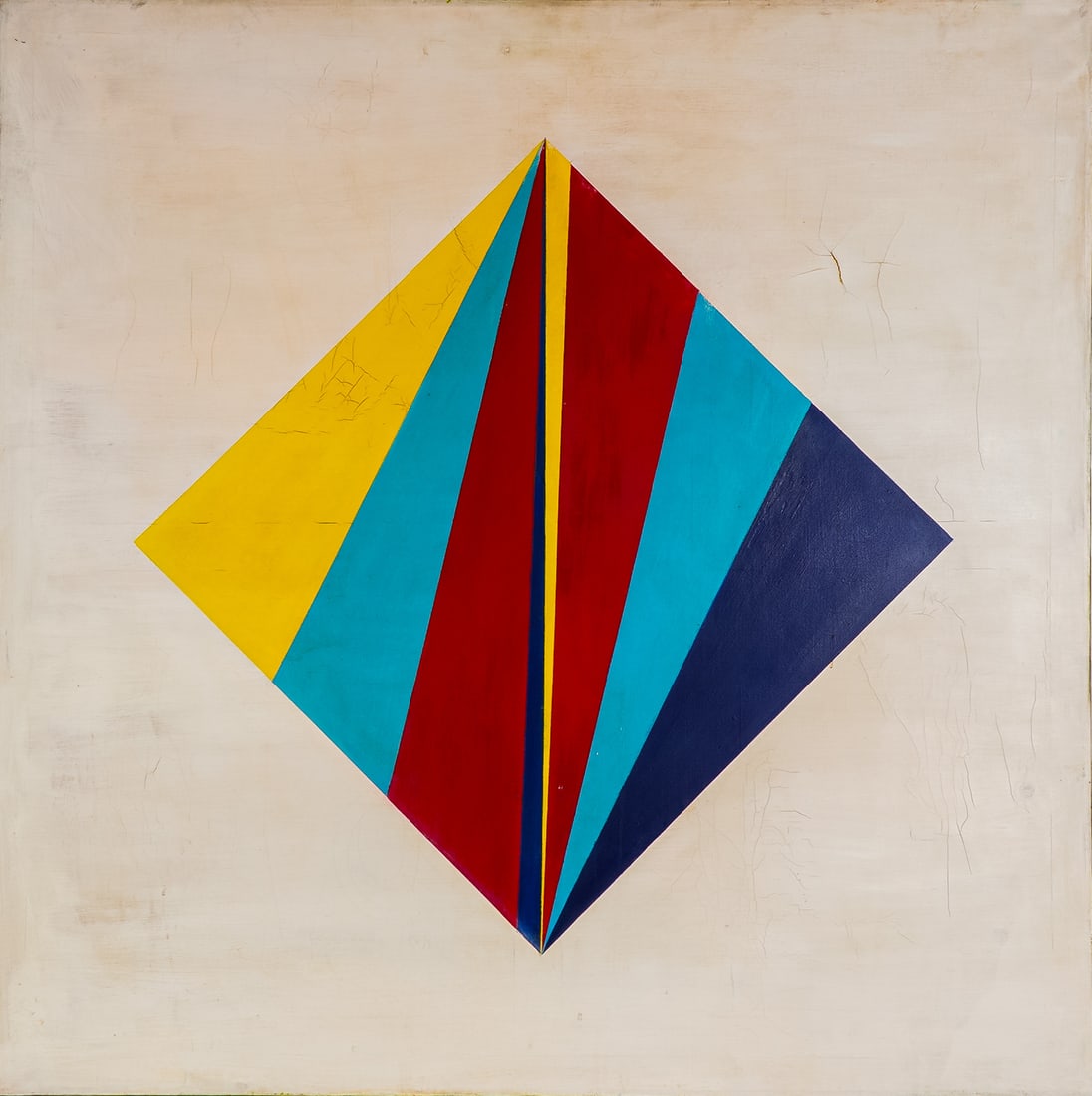 In the Style of Max Bill, Original Oil on Canvas, Geometric Abstraction: This striking oil on canvas, dated 1969, embodies the crisp geometry and bold color contrasts associated with the Concrete Art movement pioneered by Max Bill. The composition features a diamond-shaped
