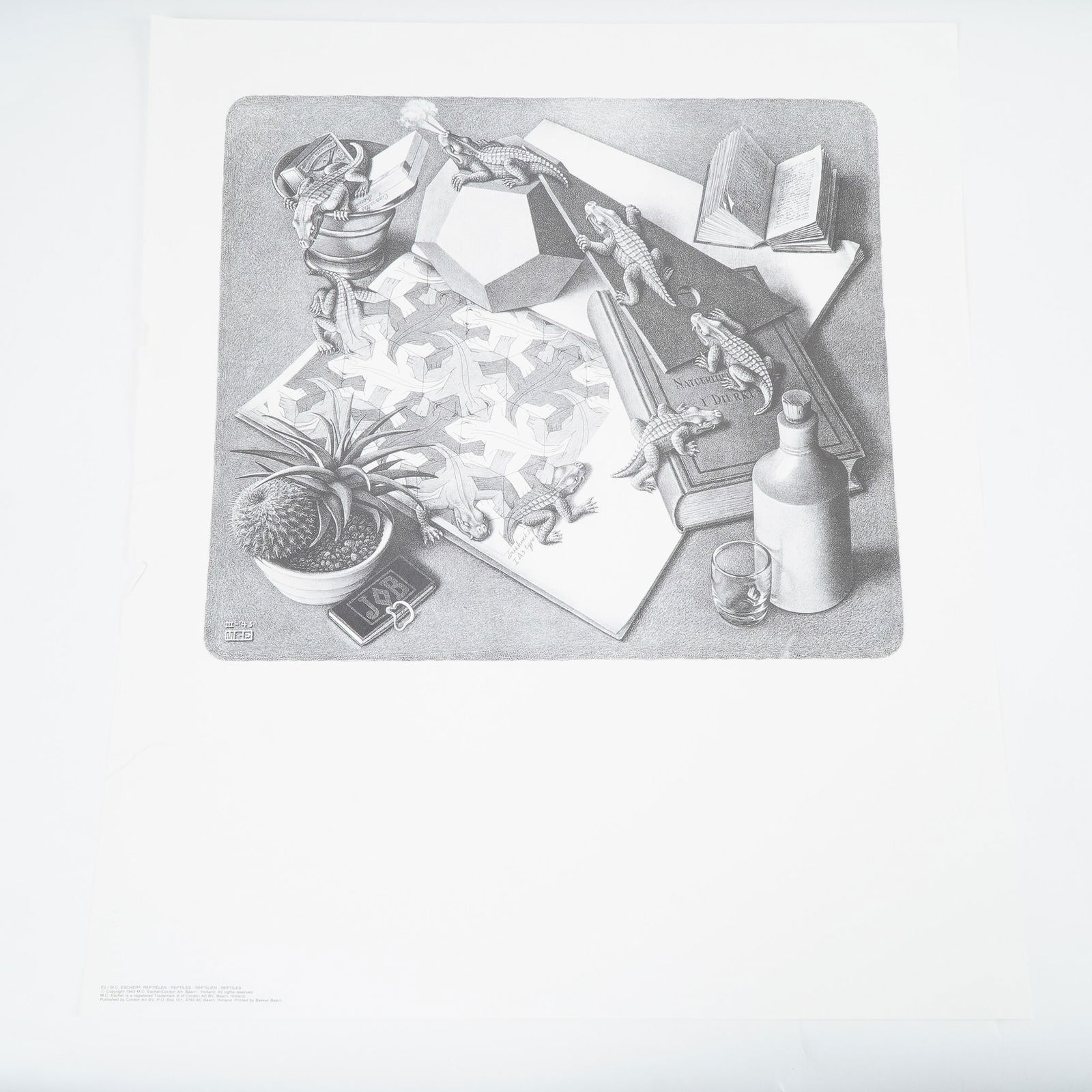 M.C. Escher, Surrealist Lithograph on Paper, Reptiles: Surrealist lithograph on paper titled Reptiles by Dutch graphic artist M.C. Escher, originally created in 1943. This authorized edition was published by Cordon Art BV, Baarn, Holland, and printed by B