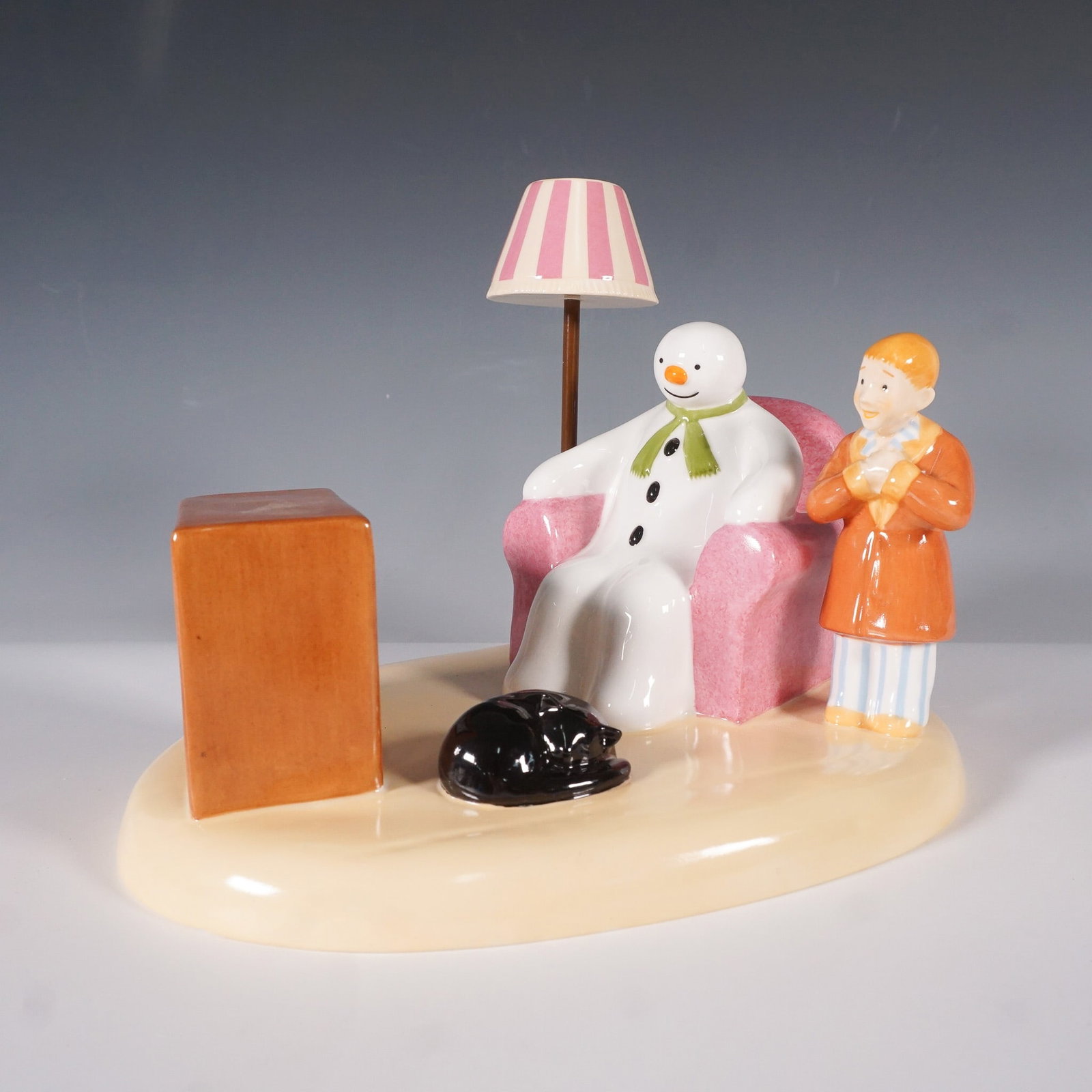 Coalport The Snowman "A Cold Night In" Figurine: A limited edition porcelain figurine from The Snowman series, titled "A Cold Night In." This charming vignette captures the Snowman and a young boy watching television together, accompanied by a cozy