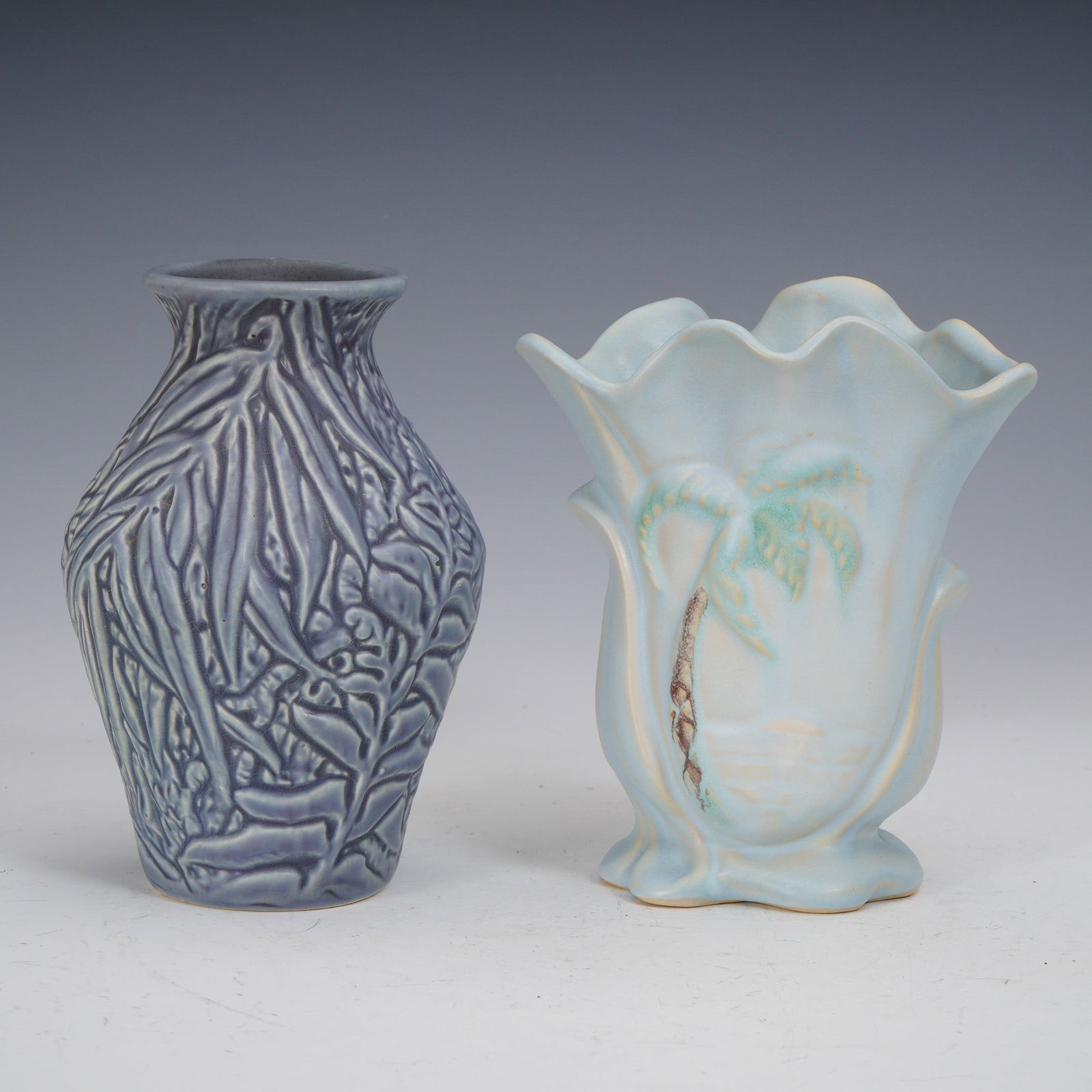 2pc Weller Pottery Vases, Blue Marvo and Palm Trees (1 of 4)