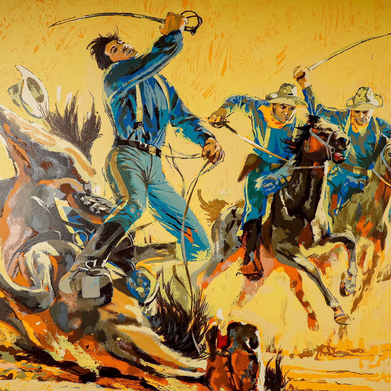 Harry Schaare, Serigraph on Paper, Cavalry Charge, Signed & Numbered: A powerful limited edition serigraph on paper by American artist Harry Schaare, titled Cavalry Charge. Schaare was celebrated for his bold depictions of action, adventure, and the American West, and t