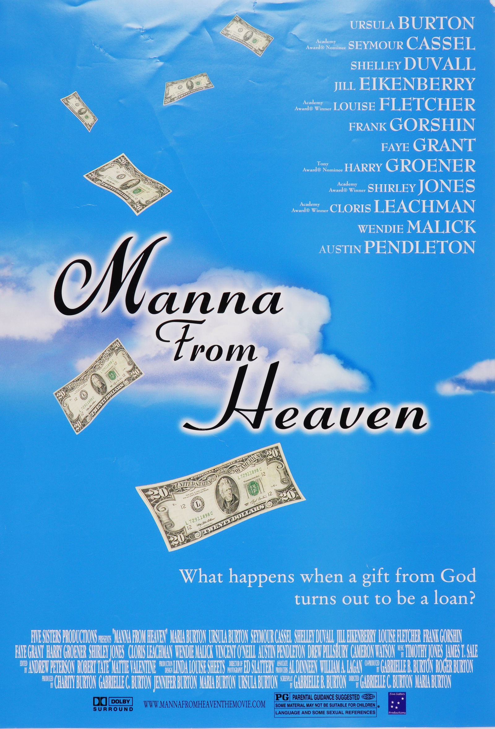 Manna From Heaven Original Movie Poster: Offered here is an original theatrical poster for Manna From Heaven, the 2002 American independent comedy film featuring an impressive ensemble cast including Cloris Leachman, Shelley Duvall, Louise F
