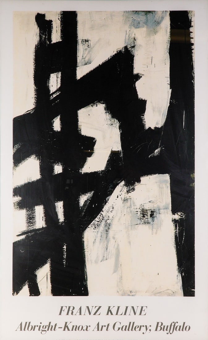 Franz Kline Exhibition Poster, Albright Knox Art Gallery Buffalo: Bold and dynamic, this framed exhibition poster captures the powerful abstract expressionism of Franz Kline, one of the most influential artists of the 20th century. Featuring striking black brushstro