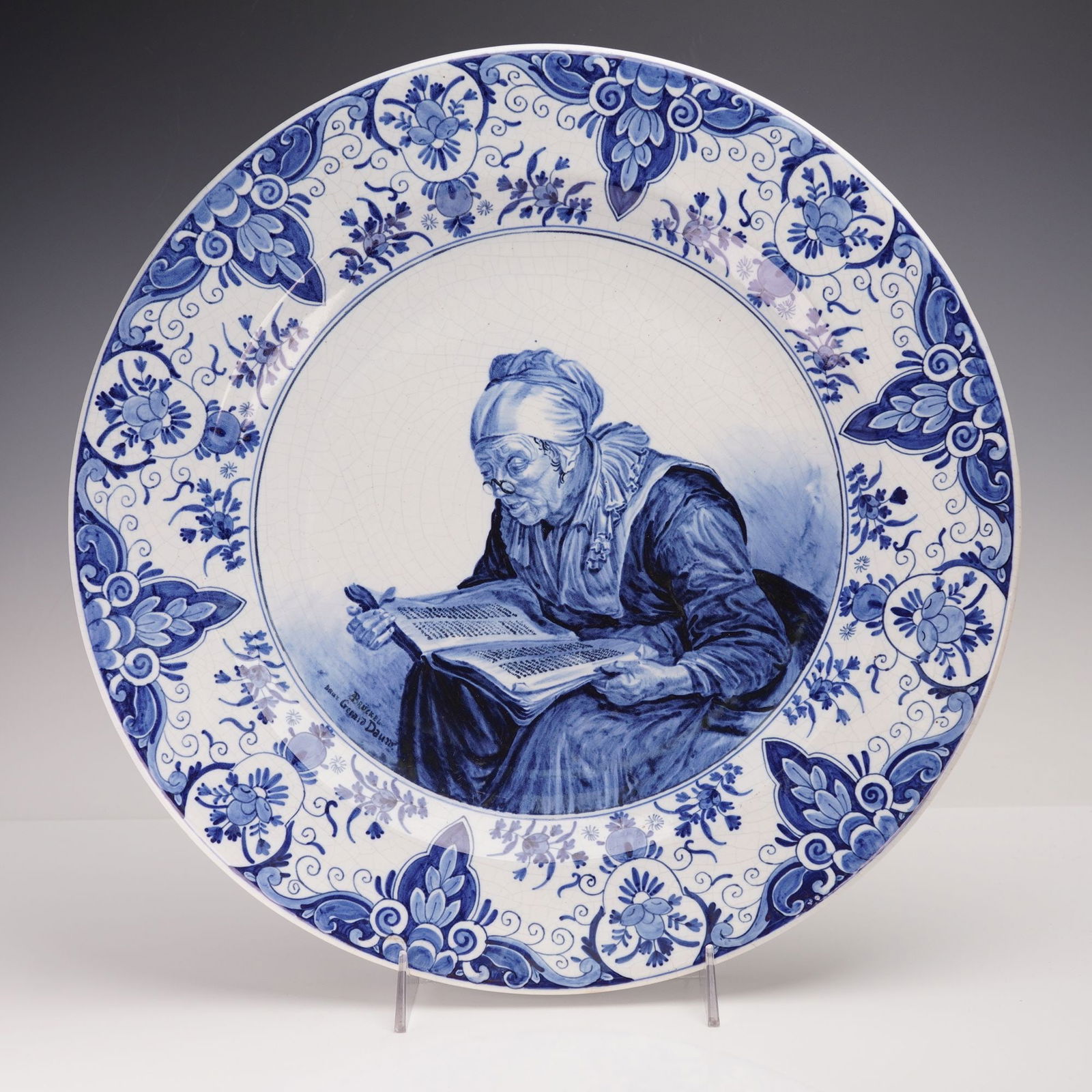 Delft Hand-Painted Porcelain Charger, Elderly Woman Reading, Signed Bruckel (1 of 6)