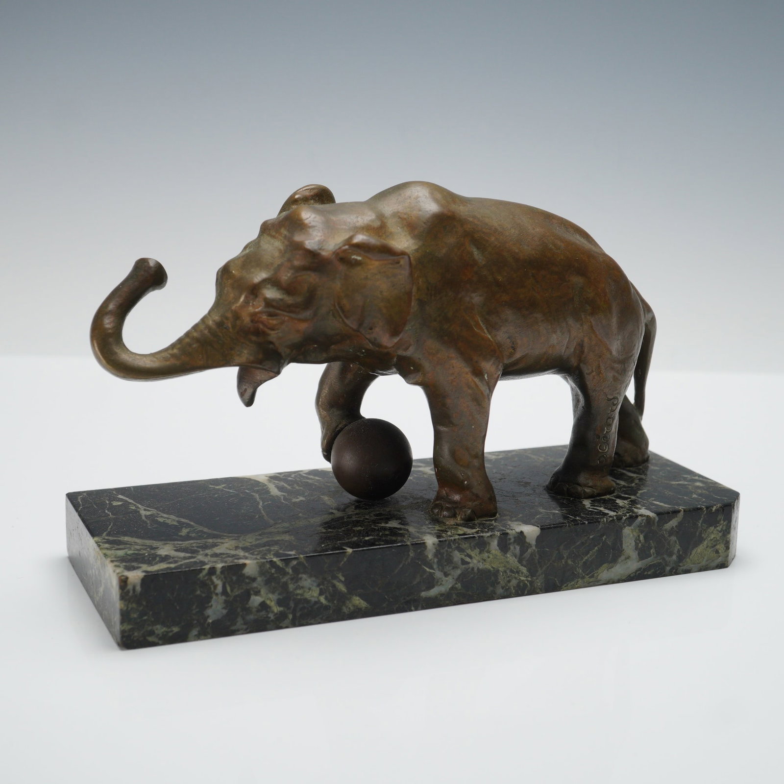 Bronze Elephant Sculpture with Ball on Marble Base, Signed Gerard (1 of 4)