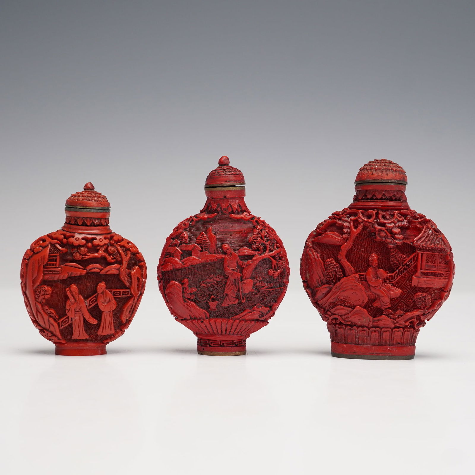 3pc Asian Cinnabar Outdoor Scenes Snuff Bottles (1 of 6)