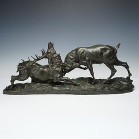 Thomas Francois Cartier, Bronze Sculpture of Fighting Stags, Signed