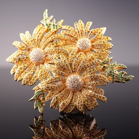 18K Yellow Gold Diamond and Gem Chrysanthemum Brooch