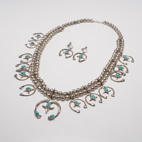 3pc Native American Silver Turquoise Squash Blossom Necklace & Earrings