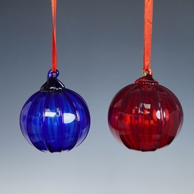 2pc Thames Glass for Tiffany & Co. Optic Glass Ornaments, Blue & Red
