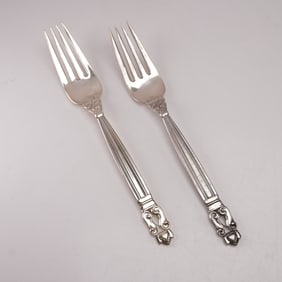 2pc Georg Jensen Sterling Silver Luncheon Forks, Acorn