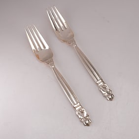 2pc Georg Jensen Sterling Silver Luncheon Forks, Acorn