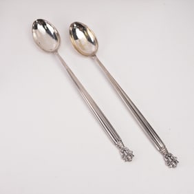 2pc Georg Jensen Sterling Silver Ice Tea Spoons, Acorn
