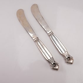 2pc Georg Jensen Sterling Silver Paddle Butter Spreaders, Acorn