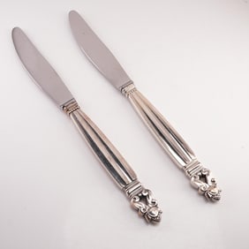 2pc Georg Jensen Sterling Silver Stainless Steel Dinner Knives, Acorn