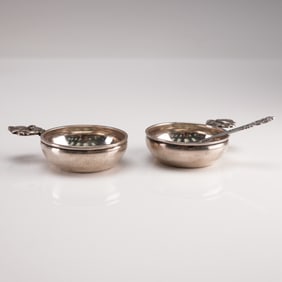 3pc Georg Jensen Sterling Silver Salt Sellars and Spoon, Acorn